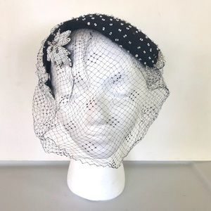 Vintage Navy Blue & White Beaded Hat with Mesh